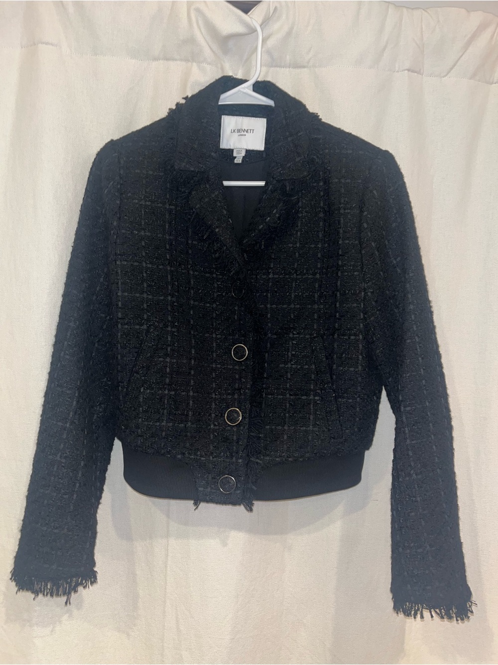 LK Bennett Black Tweed Fringe Hem Cropped Bomber